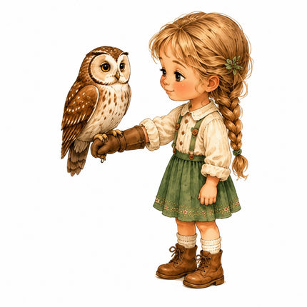 A fabric panel of a young girl with a long braided ponytail, wearing a cream blouse, green pinafore dress, and brown boots, reaching out to a brown and white owl perched on her gloved hand 