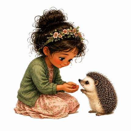 A whimsical fabric panel of a young girl with dark curly hair in a flower crown kneeling beside a hedgehog, offering something from her hand. She wears a green cardigan over a pink floral dress