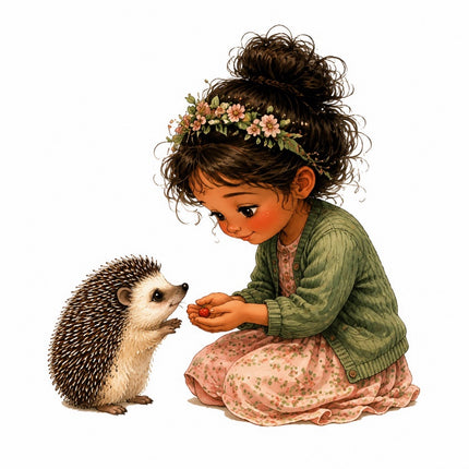 Girl & Hedgehog 100% Cotton Fabric Panel Block FLIP-AAB1442