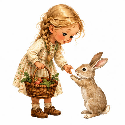 fabric panel of a young girl with braided blonde hair in a floral dress, holding a basket of strawberries and reaching toward a small brown rabbit 