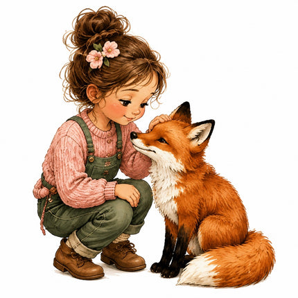 A stylized fabric panel of a young girl with brown hair in a bun, wearing a pink sweater and green overalls, crouching beside and gently touching an orange fox 