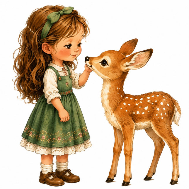 A whimsical fabric panel of a young girl with long wavy brown hair and a green bow, wearing a green dress and brown shoes, gently touching the nose of a spotted brown deer