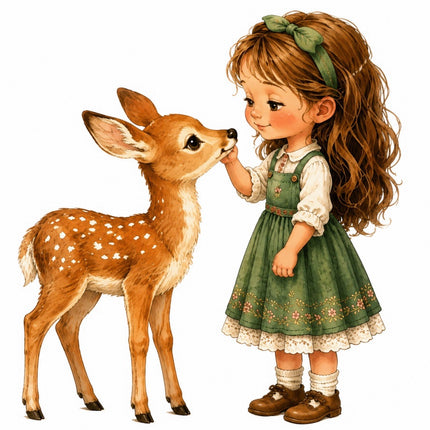 Girl & Deer 100% Cotton Fabric Panel Block Quilt Square FLIP-AAB1445
