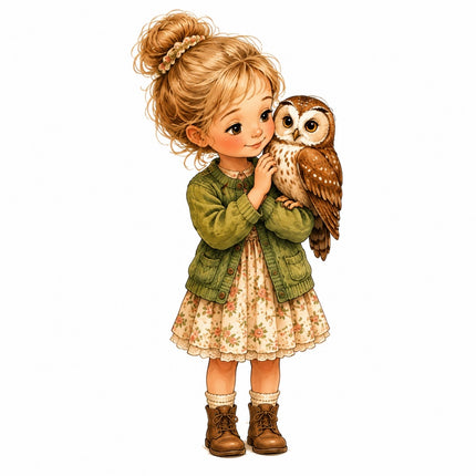 A whimsical fabric panel of a young girl with blonde hair in a bun, wearing a green cardigan and a floral dress, holding a brown owl