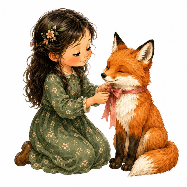 A vintage-style fabric panel of a young girl in a green floral dress kneeling beside a red fox and tying a pink ribbon around its neck