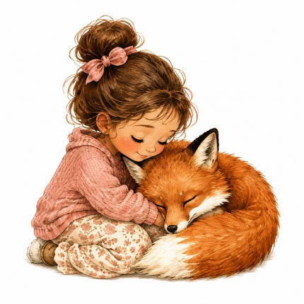 A whimsical fabric panel of a young girl with brown hair in a pink bow, wearing a pink sweater and patterned pants, hugging a sleeping orange fox