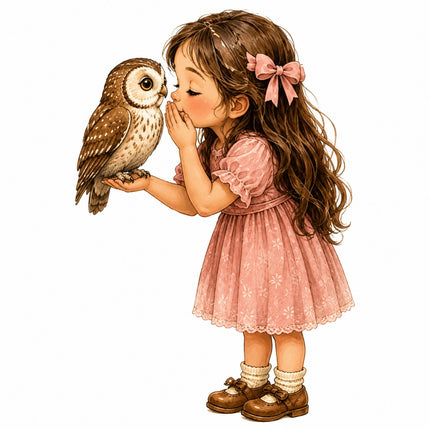 A vintage-style fabric panel of a young girl with long brown hair and a pink bow, wearing a pink dress and brown shoes, kissing a brown owl perched on her hand