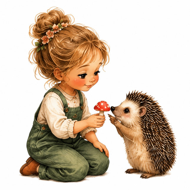 A whimsical fabric panel of a young girl with blonde hair in a flower crown kneeling beside a hedgehog, offering a small red-and-white mushroom 