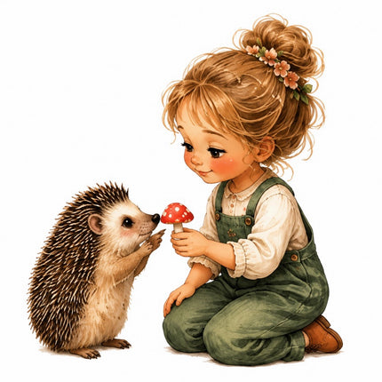 Girl & Hedgehog 100% Cotton Fabric Panel Block FLIP-AAB1452