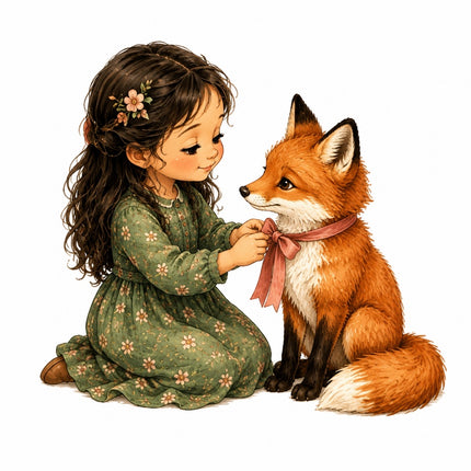 A whimsical fabric panel of a young girl with long dark curly hair kneeling beside a red fox. She wears a green floral dress and is adjusting a dusty pink ribbon around the fox's neck.