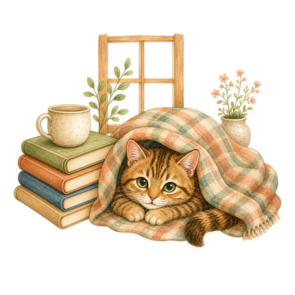 Cozy Cat Kitten & Books 100% Cotton Fabric Panel Block Quilt Square AAB1455