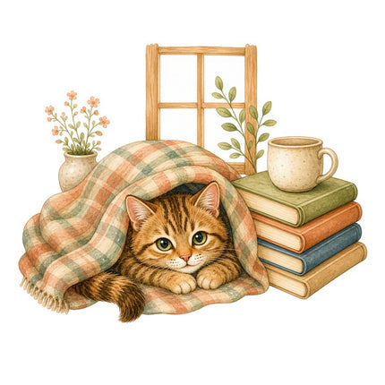Cozy Cat Kitten & Books 100% Cotton Fabric Panel Block FLIP-AAB1455