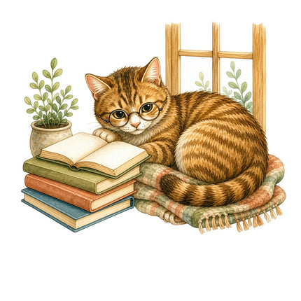 Cozy Cat & Books 100% Cotton Fabric Panel Block Quilt Square AAB1457