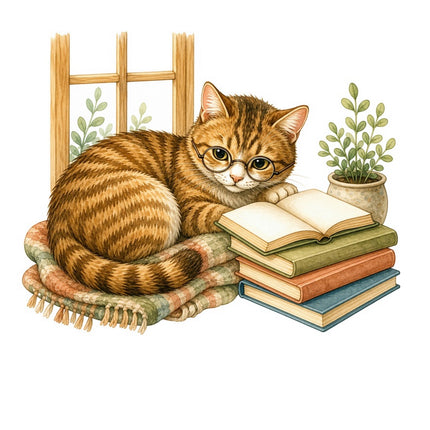 Cozy Cat & Books 100% Cotton Fabric Panel Block FLIP-AAB1457