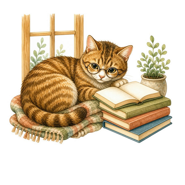 Cozy Cat & Books 100% Cotton Fabric Panel Block FLIP-AAB1457