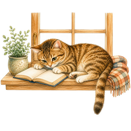 Cozy Cat & Book 100% Cotton Fabric Panel Block Quilt Square AAB1458