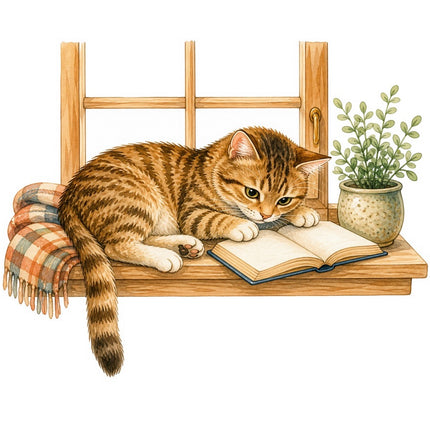 Cozy Cat & Book 100% Cotton Fabric Panel Block FLIP-AAB1458
