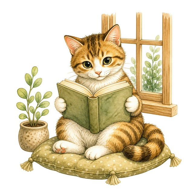 Cozy Cat & Book 100% Cotton Fabric Panel Block Quilt Square AAB1459