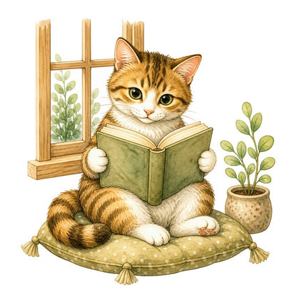 Cozy Cat & Book 100% Cotton Fabric Panel Block FLIP-AAB1459