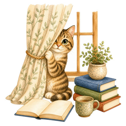 tabby cat and books quilt square
