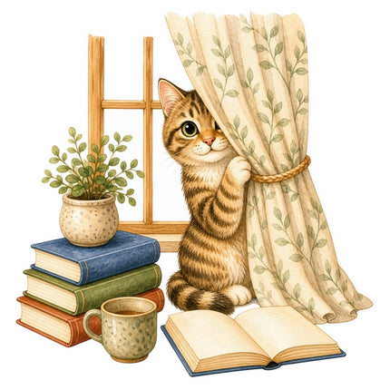 Peeking Cat & Books 100% Cotton Fabric Panel Block FLIP-AAB1460