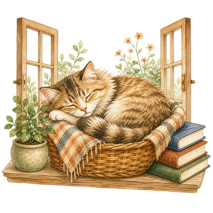 Cozy Cat & Books 100% Cotton Fabric Panel Block Quilt Square AAB1461
