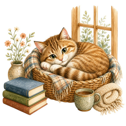 Cozy Cat & Books 100% Cotton Fabric Panel Block Quilt Square AAB1462