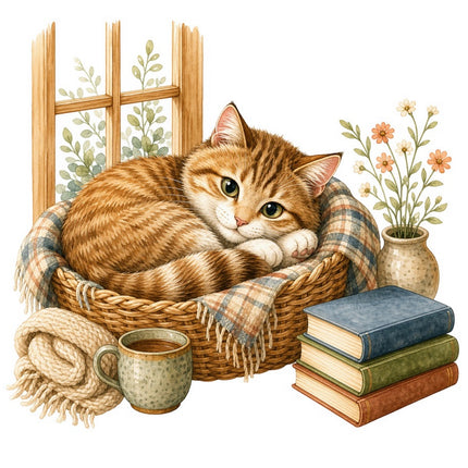 Cozy Cat & Books 100% Cotton Fabric Panel Block FLIP-AAB1462