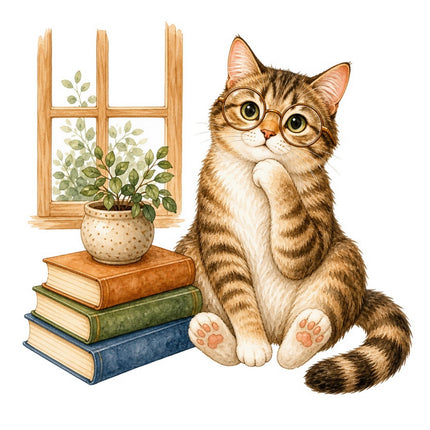 Cat & Books 100% Cotton Fabric Panel Block Quilt Square FLIP-AAB1463