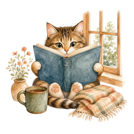 cozy tabby cat and book fabric panel