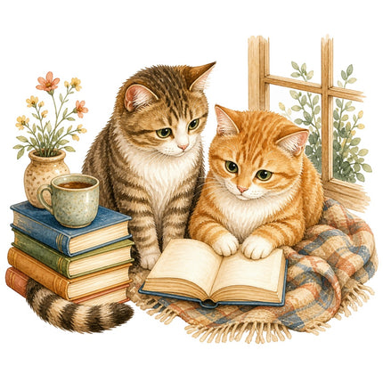 Cats Reading Books 100% Cotton Fabric Panel Block Quilt Square AAB1465