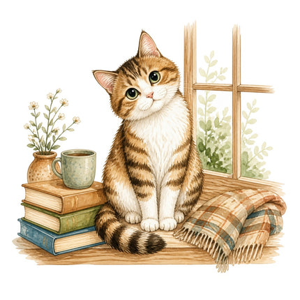 Cozy Cat & Books 100% Cotton Fabric Panel Block Quilt Square AAB1466