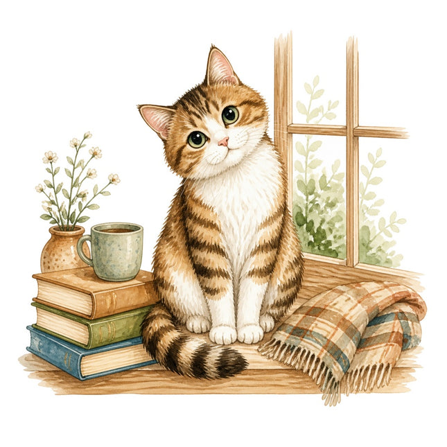 Cozy Cat & Books 100% Cotton Fabric Panel Block Quilt Square AAB1466