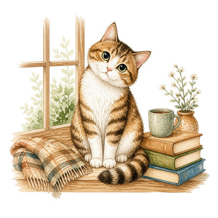 Cozy Cat & Books 100% Cotton Fabric Panel Block FLIP-AAB1466