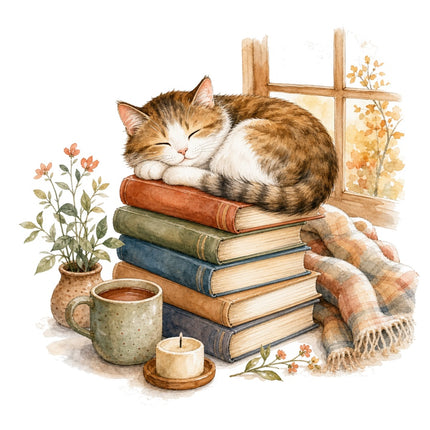 Cozy Cat & Books 100% Cotton Fabric Panel Block Quilt Square AAB1467
