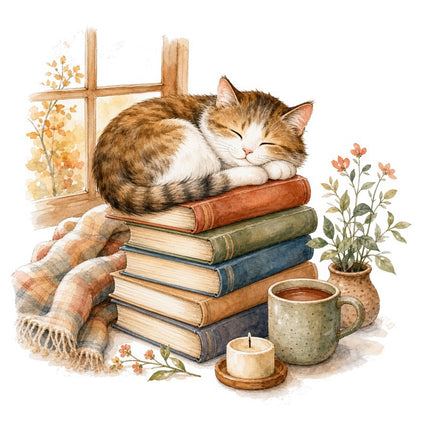 Cozy Cat & Books 100% Cotton Fabric Panel Block FLIP-AAB1467