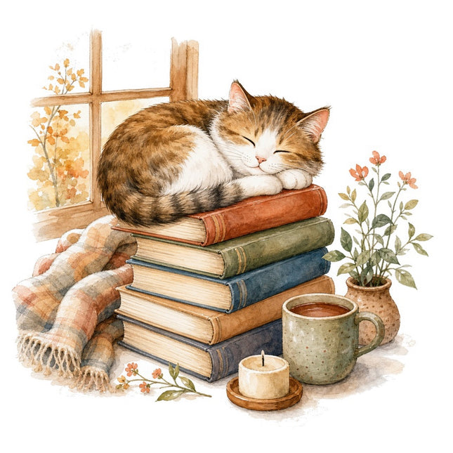 Cozy Cat & Books 100% Cotton Fabric Panel Block FLIP-AAB1467