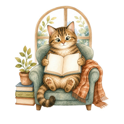 tabby cat and book fabric panel