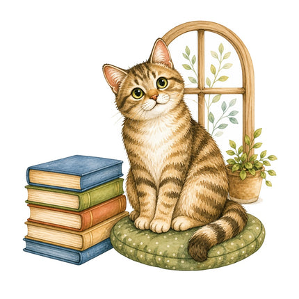 Cozy Cat & Books 100% Cotton Fabric Panel Block Quilt Square AAB1470