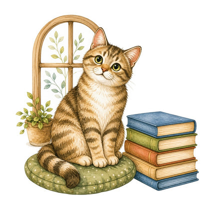 Cozy Cat & Books 100% Cotton Fabric Panel Block FLIP-AAB1470