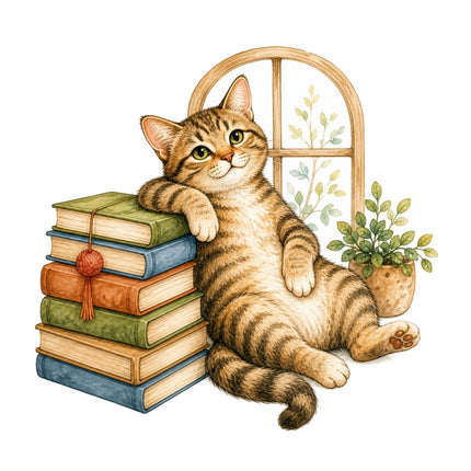 Cozy Cat & Books 100% Cotton Fabric Panel Block Quilt Square AAB1471