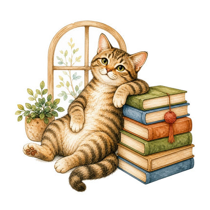 Cozy Cat & Books 100% Cotton Fabric Panel Block FLIP-AAB1471