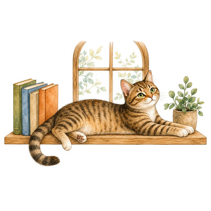 cat and books fabric panel
