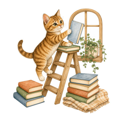 Cat & Books 100% Cotton Fabric Panel Block Quilt Square AAB1473