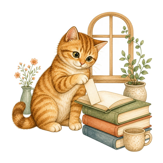 Cat & Books 100% Cotton Fabric Panel Block Quilt Square AAB1474