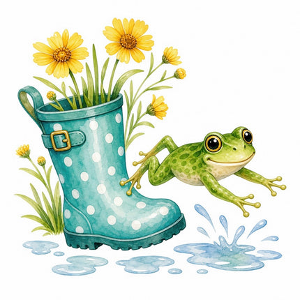 Frog & Floral Rain Boot 100% Cotton Fabric Panel Block FLIP-AAB1517