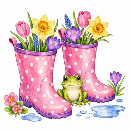Frog & Floral Rain Boot 100% Cotton Fabric Panel Block FLIP-AAB1526