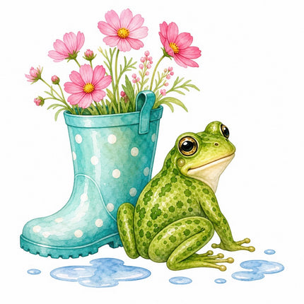 Frog & Floral Rain Boot 100% Cotton Fabric Panel Block FLIP-AAB1531