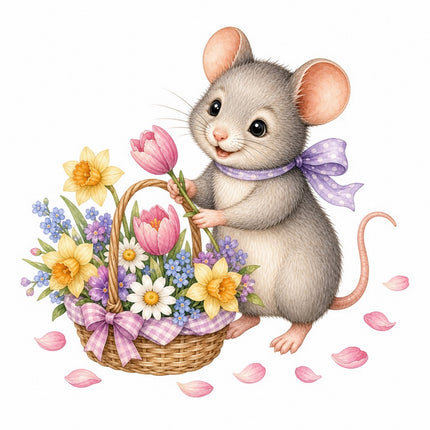 Mouse & Basket of Flowers 100% Cotton Fabric Panel Block FLIP-AAB1595