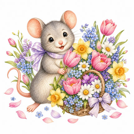 Mouse & Basket of Flowers 100% Cotton Fabric Panel Block AAB1596